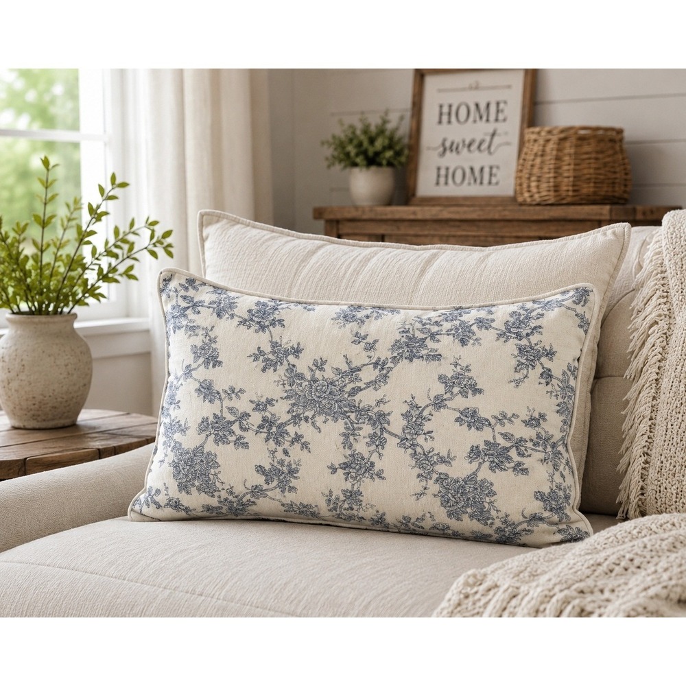 Blue Floral Toile Cotton Lumbar Pillow Cover French Country Farmhouse 18x12